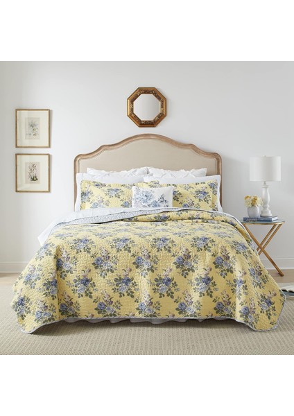 Ashley Home Linley Collection Yorgan Seti -%100 Pamuk, Ters Çevrilebilir, Hafif ve Nefes Alabilen Yatak, Ekstra Yumuşaklık Için Önceden Yıkanmış, Kraliçe, Soluk Sarı