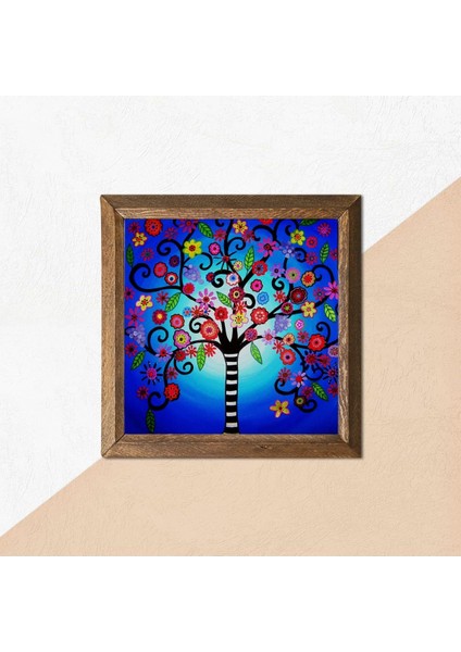 Hayat Ağacı Taş Duvar Tablosu Ahşap Çerçeveli Duvar Dekoru Wall Art 25X25CM W1-108