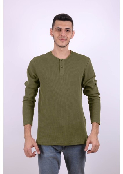 Düğmeli Waffle Yeşil Erkek Sweatshirt 5070