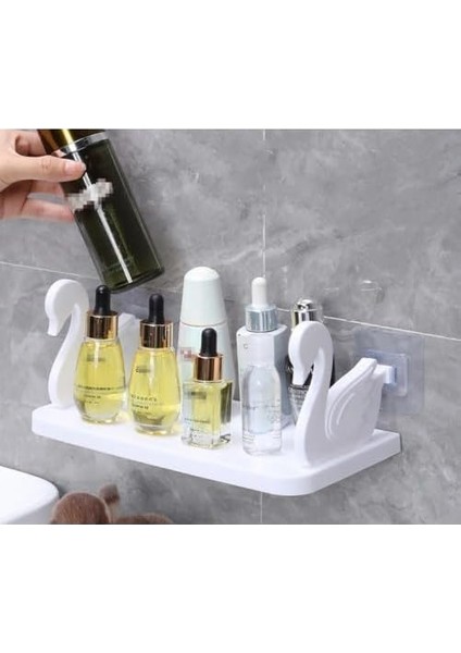 Kuğu Tasarımlı Kendinden Yapışkanlı Raf, Duvar Tipi Banyo ve Mutfak Rafı, Delmeden Montaj, Dekoratif Organizer, Plastik Şık Raf Ünitesi