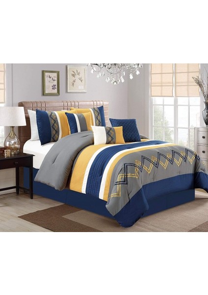 Collection Arden 7 Parça Modern Plili Çizgili Işlemeli Zikzak Yatak Yorgan Seti (Tam, Lacivert/gri/sarı/beyaz)