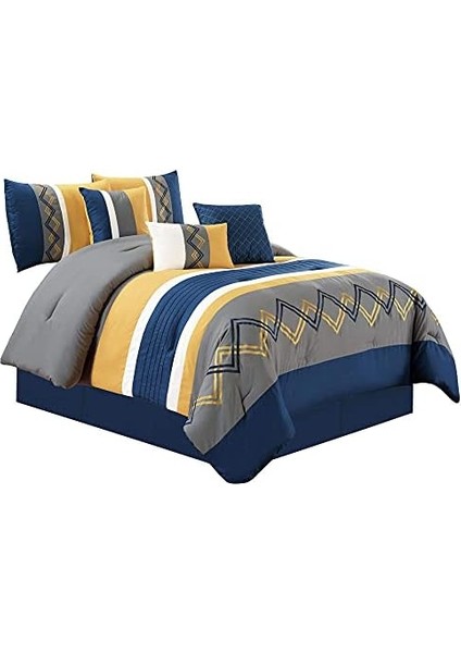 Collection Arden 7 Parça Modern Plili Çizgili Işlemeli Zikzak Yatak Yorgan Seti (Tam, Lacivert/gri/sarı/beyaz) fiyatları