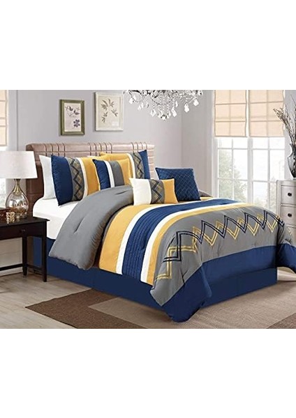 Collection Arden 7 Parça Modern Plili Çizgili Işlemeli Zikzak Yatak Yorgan Seti (Tam, Lacivert/gri/sarı/beyaz) modelleri