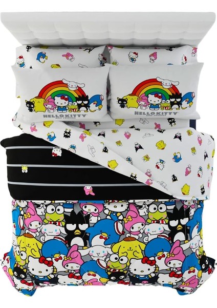 Sanrio Hello Kitty & Friends Nevresim Takımı 7 Parça Süper Yumuşak Yorgan ve Çarşaf Seti, Şamlı, Tam, (%100 Resmi Lisanslı Ürün) Koleksiyon Ürünleri