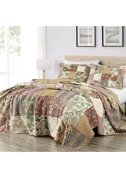Collection Delaney 3 Parça Çiçekli Yama Işi Önceden YIKANMIŞ%100 Pamuk Yorgan Seti, Queen modelleri