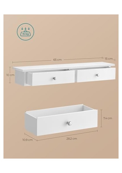 Duvar Rafı, 2 Çekmeceli Asma Raf, Parlak Yüzey, 15 Kg'a Kadar Taşıma Kapasitesi, 65 x 15 x 10 Cm, Koridor, Oturma Odası ve Mutfak, LWS65WT, Ahşap fiyatları