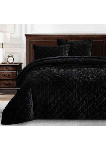 Collection Lüks Siyah Kadife Yorgan Büyük Boy Kral Seti, 3 Parça Peluş Eskitilmiş Kadife Yatak Tüm Sezon Hafif Yorgan Fırçalanmış Mikrofiber Ters Elmas Dikişli Kapitone