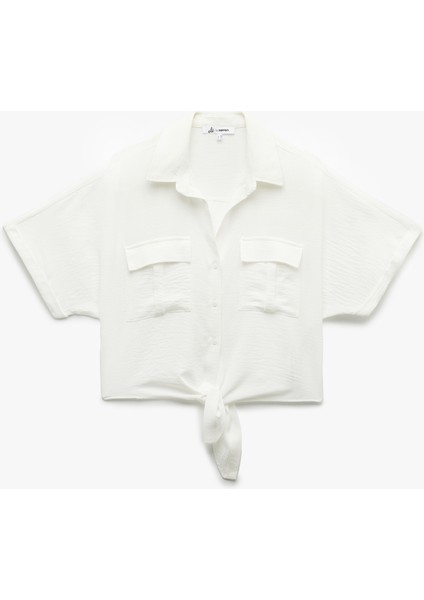 Yeni Sezon Kısa Kollu Klasik Yaka Bağlama Detaylı Cepli Crop Oversize Bluz