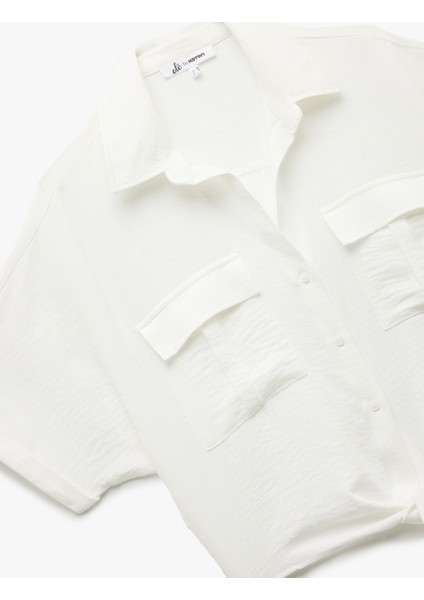 Yeni Sezon Kısa Kollu Klasik Yaka Bağlama Detaylı Cepli Crop Oversize Bluz modelleri
