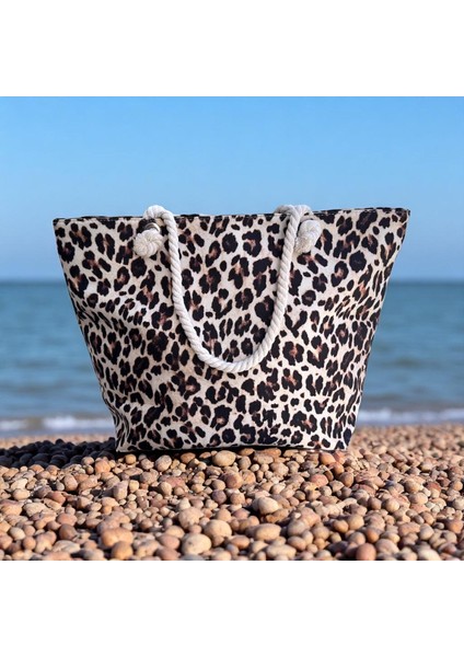 Fermuarlı Leopar Desenli Kadın Plaj Çantası LD566