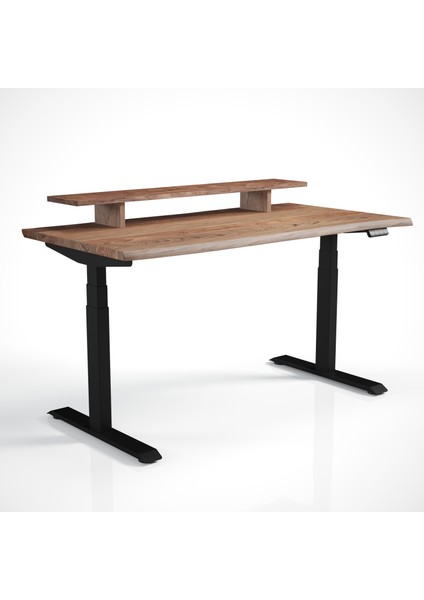 Regula Desk Solid N - Elektrikli Yüksekliği Ayarlanabilir Natürel Kenar Masif Ceviz Çalışma Masası - Siyah Ayak, Ceviz Masif Tabla - Raflı, 130X65 cm