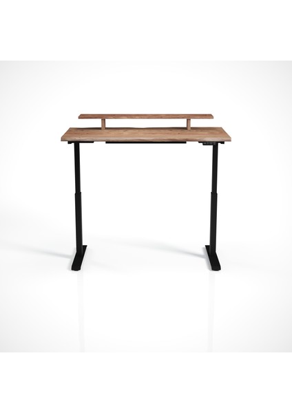 Regula Desk Solid N - Elektrikli Yüksekliği Ayarlanabilir Natürel Kenar Masif Ceviz Çalışma Masası - Siyah Ayak, Ceviz Masif Tabla - Raflı, 130X65 cm