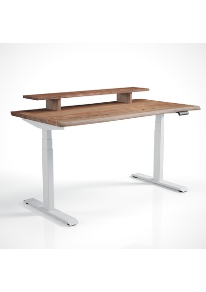 Regula Desk Solid N - Elektrikli Yüksekliği Ayarlanabilir Natürel Kenar Masif Ceviz Çalışma Masası - Beyaz Ayak, Ceviz Masif Tabla - Raflı, 180X80 cm