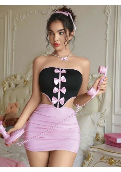Kadın Pembe Etekli Fiyonk Detaylı Sexy Kostüm 8010