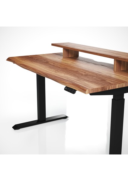Regula Desk Solid N - Elektrikli Yüksekliği Ayarlanabilir Natürel Kenar Masif Ceviz Çalışma Masası - Siyah Ayak, Ceviz Masif Tabla - Raflı, 200X80 cm
