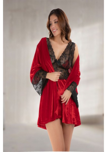 Kırmızı Kadife Sabahlık & Gecelik Takım 2' Li - 1442
