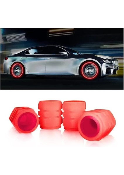 4 Adet Kırmızı Floresan Karanlıkta Parlayan Fosforlu Oto Araba Sibop Kapağı Tüm Araçlara