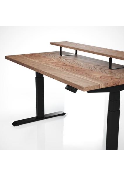 Regula Desk Solid S - Elektrikli Yüksekliği Ayarlanabilir Düz Kenar Masif Ceviz Çalışma Masası - Beyaz Ayak, Ceviz Masif Tabla - Raflı, 130X65 cm