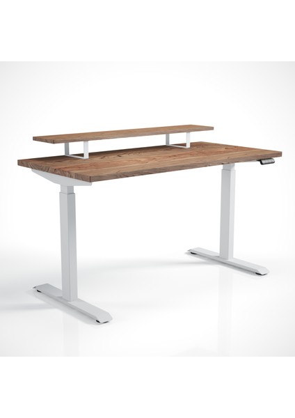 Regula Desk Solid S - Elektrikli Yüksekliği Ayarlanabilir Düz Kenar Masif Ceviz Çalışma Masası - Beyaz Ayak, Ceviz Masif Tabla - Raflı, 140X70 cm
