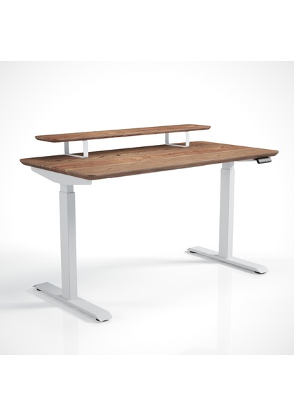 Regula Desk Solid V - Elektrikli Yüksekliği Ayarlanabilir Açılı Kesim Kenar Masif Ceviz Çalışma Masası - Beyaz Ayak, Ceviz Masif Tabla - Raflı, 130X65 cm