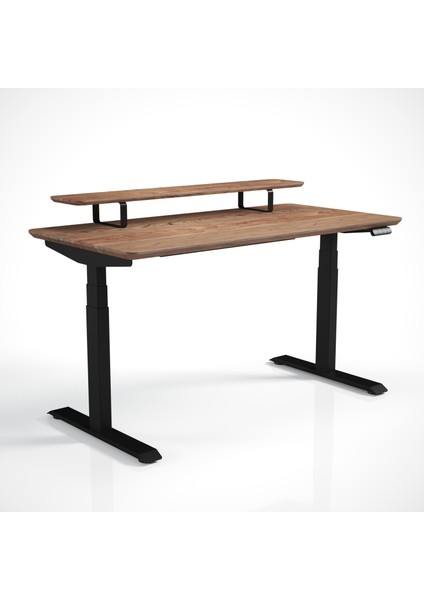 Regula Desk Solid V - Elektrikli Yüksekliği Ayarlanabilir Açılı Kesim Kenar Masif Ceviz Çalışma Masası - Siyah Ayak, Ceviz Masif Tabla - Raflı, 130X65 cm