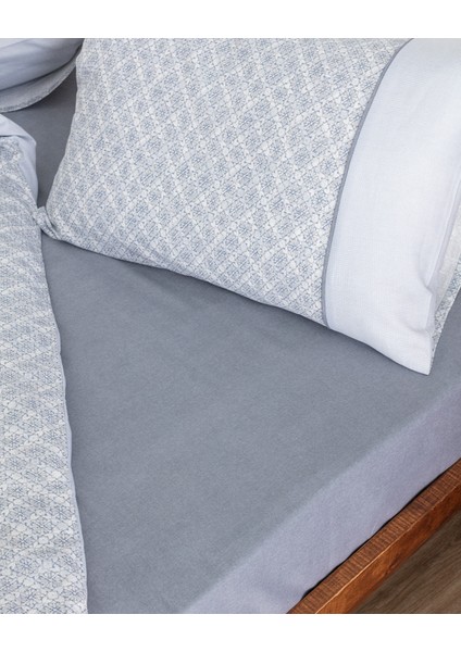 Clarice King Size %100 Pamuk Madame Coco Crep Baskılı Nevresim Takımı - Mavi/Gri