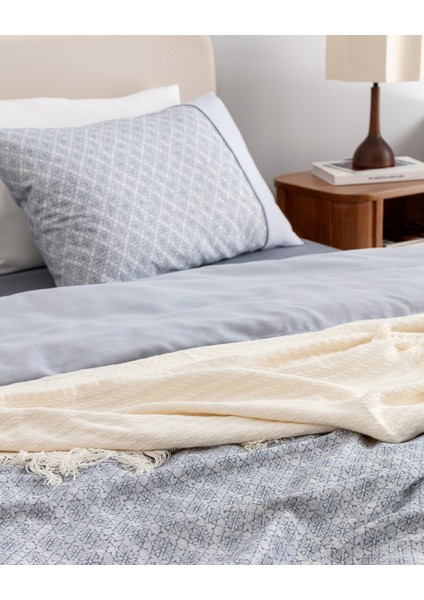 Clarice King Size %100 Pamuk Madame Coco Crep Baskılı Nevresim Takımı - Mavi/Gri