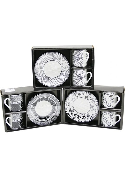 Siyah - Beyaz 4pcs=2-Takım Porselen Kahve Fincanı Çiçek - Çizgi - Nokta Mix Desen