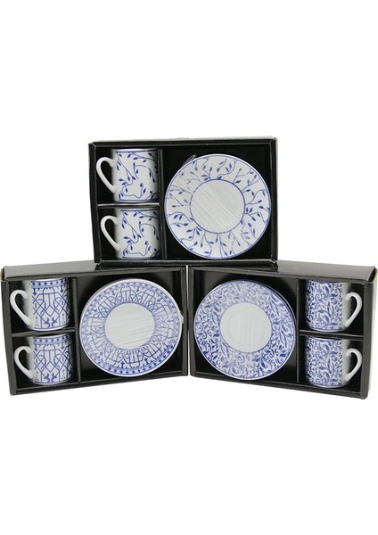 Mavi - Beyaz 4pcs=2-Takım Porselen Kahve Fincanı Çiçek - Çizgi - Nokta Mix Desen