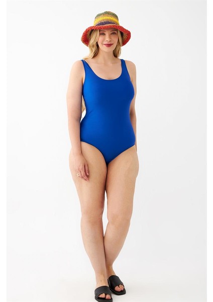 Akbeniz Kadın Saks Mavisi Büyük Beden Düz Tek Parça Mayo fırsatları