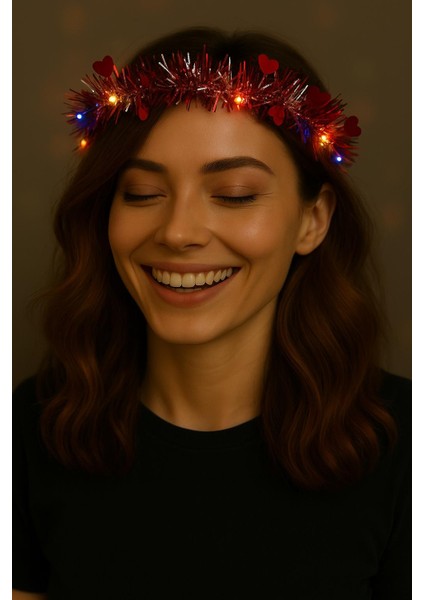 Kalp Püsküllü 3 Modlu LED Işıklı Taç Kırmızı Renk fiyatları