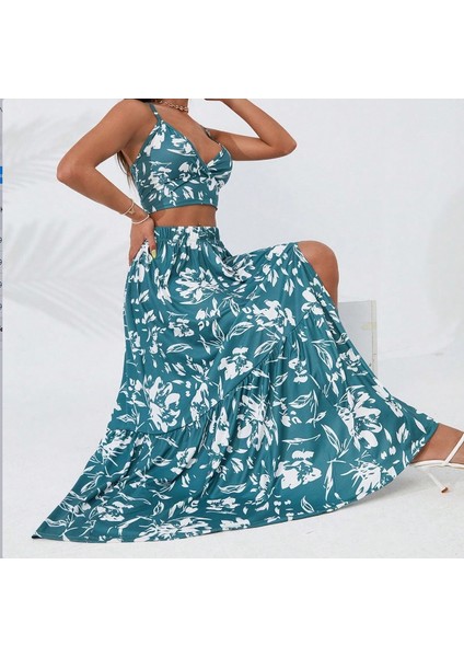 Kadın Ince Askılı Çiçek Baskı Desenli Crop Yırtmaçlı Etek Ikili Süprem Takım fiyatları