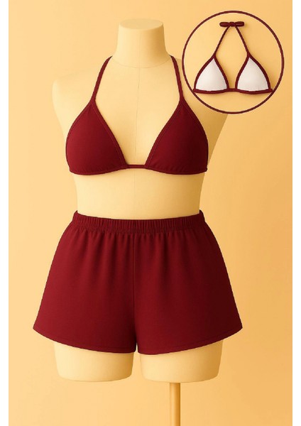 - Kadın Bordo Şortlu Belden ve Boyundan Bağlamalı Bikini Takımı fiyatları