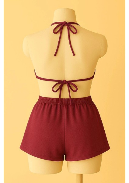 - Kadın Bordo Şortlu Belden ve Boyundan Bağlamalı Bikini Takımı modelleri