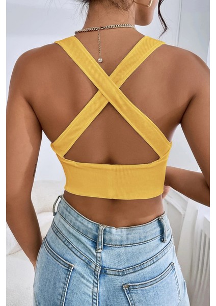 - Kadın Sarı Çapraz Sırt Detaylı Şık Crop Top Büstiyer indirimleri