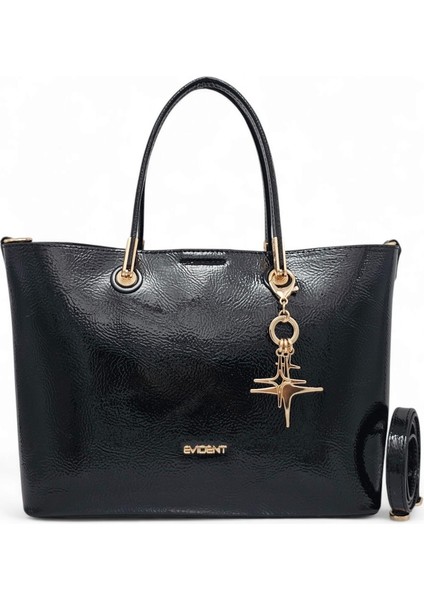 Siyah Kırışık Rugan Charm'lı Klasik Kadın El ve Uzun Askılı Omuz Çantası