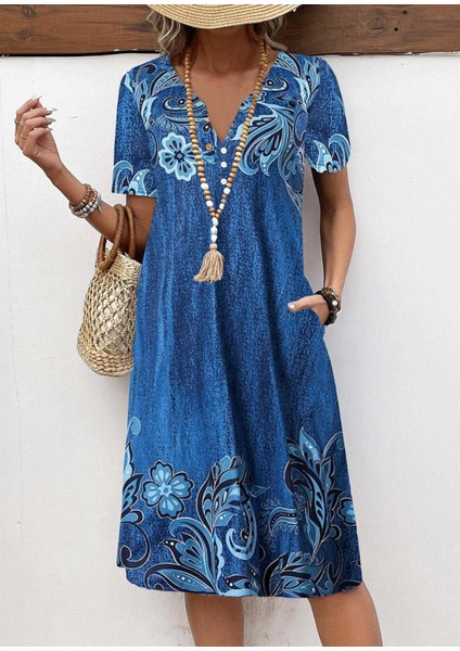 Kadın Kısa Kollu V Yakalı Çiçek Baskılı Midi Süprem Elbise modelleri