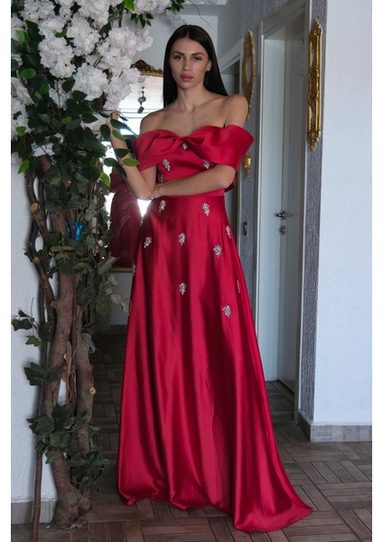 Kırmızı Fiyonk Yaka Taş Detaylı Abiye 9705541.08