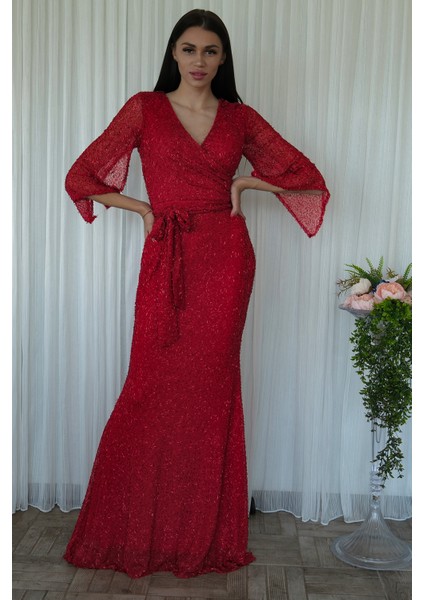 Kırmızı V Yaka Pul Payetli Uzun Kol Abiye 1106014.08