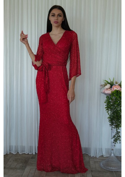Kırmızı V Yaka Pul Payetli Uzun Kol Abiye 1106014.08 fiyatları