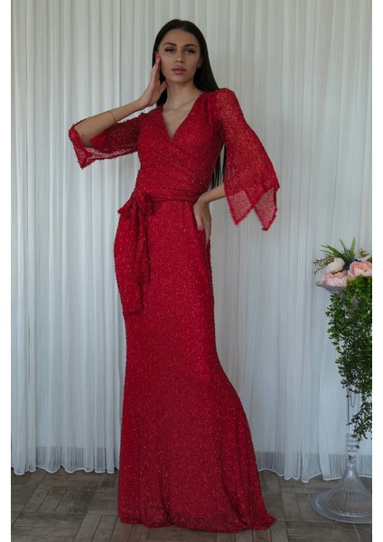 Kırmızı V Yaka Pul Payetli Uzun Kol Abiye 1106014.08 modelleri