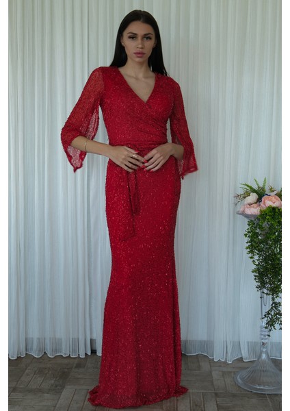 Kırmızı V Yaka Pul Payetli Uzun Kol Abiye 1106014.08 fırsatları