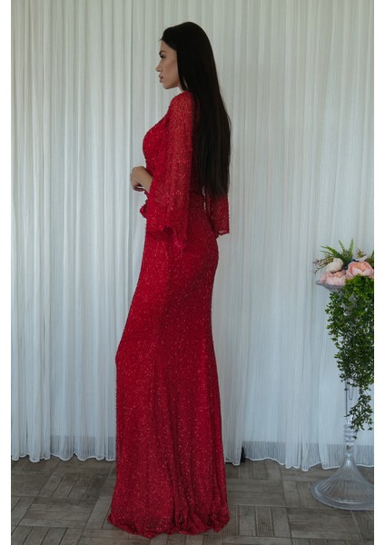 Kırmızı V Yaka Pul Payetli Uzun Kol Abiye 1106014.08 indirimleri