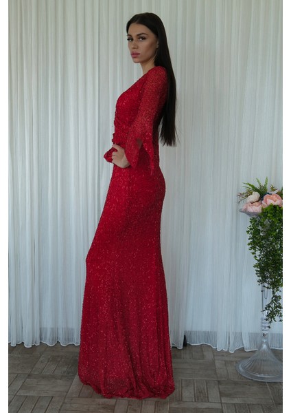 Kırmızı V Yaka Pul Payetli Uzun Kol Abiye 1106014.08