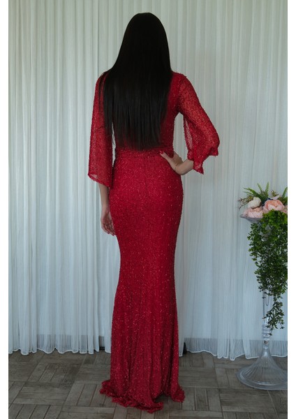 Kırmızı V Yaka Pul Payetli Uzun Kol Abiye 1106014.08