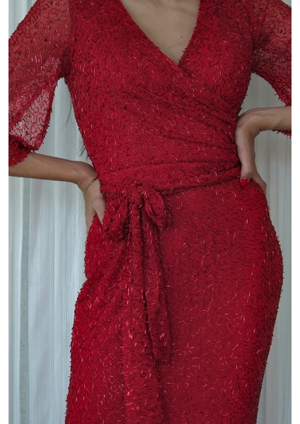 Kırmızı V Yaka Pul Payetli Uzun Kol Abiye 1106014.08