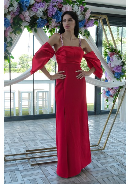 Kırmızı Kolları Şifon Yırtmaçlı Abiye 9705139.08