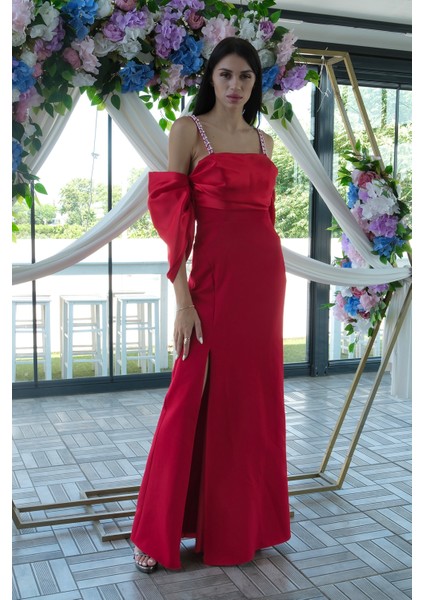 Kırmızı Kolları Şifon Yırtmaçlı Abiye 9705139.08 fiyatları