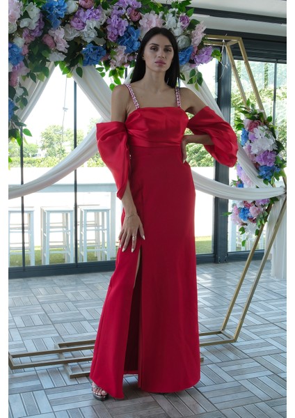 Kırmızı Kolları Şifon Yırtmaçlı Abiye 9705139.08 modelleri