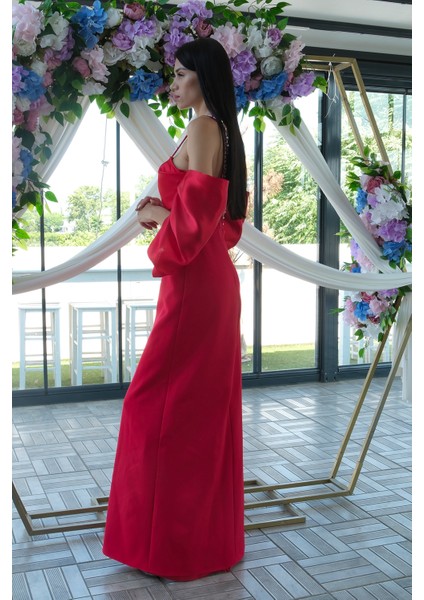 Kırmızı Kolları Şifon Yırtmaçlı Abiye 9705139.08 fırsatları